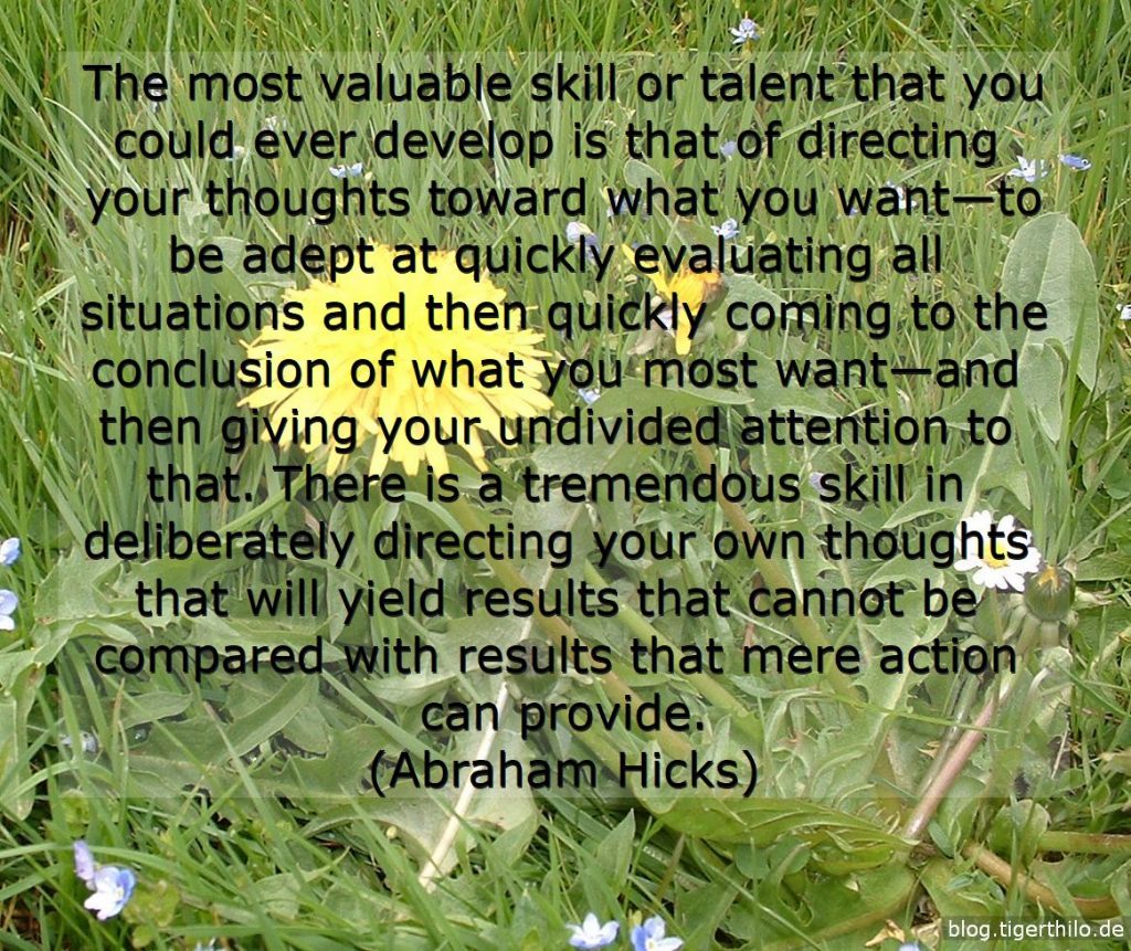 The most valuable skill or talent that you could ever develop is that of directing your thoughts toward what you want — to be adept at quickly evaluating all situations and then quickly coming to the conclusion of what you most want — and then giving your undivided attention to that. There is a tremendous skill in deliberately directing your own thoughts that will yield results that cannot be compared with results that mere action can provide. (Abraham Hicks)