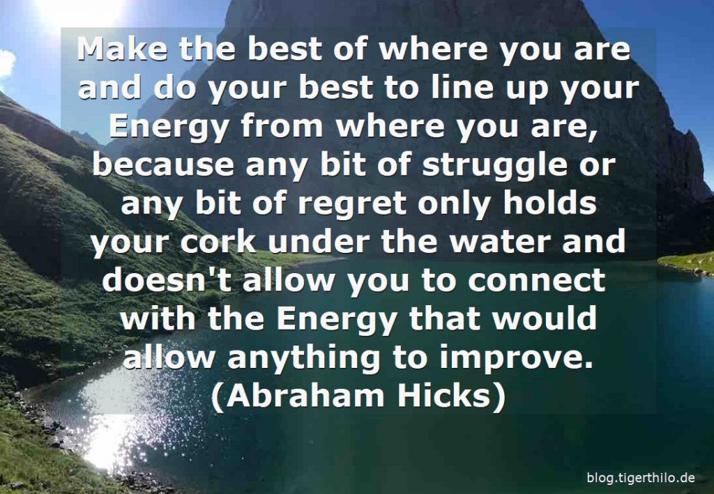 "Make the best of where you are and do your best to line up your Energy from where you are, because any bit of struggle or any bit of regret only holds your cork under the water and doesn't allow you to connect with the Energy that would allow anything to improve." (Abraham Hicks)