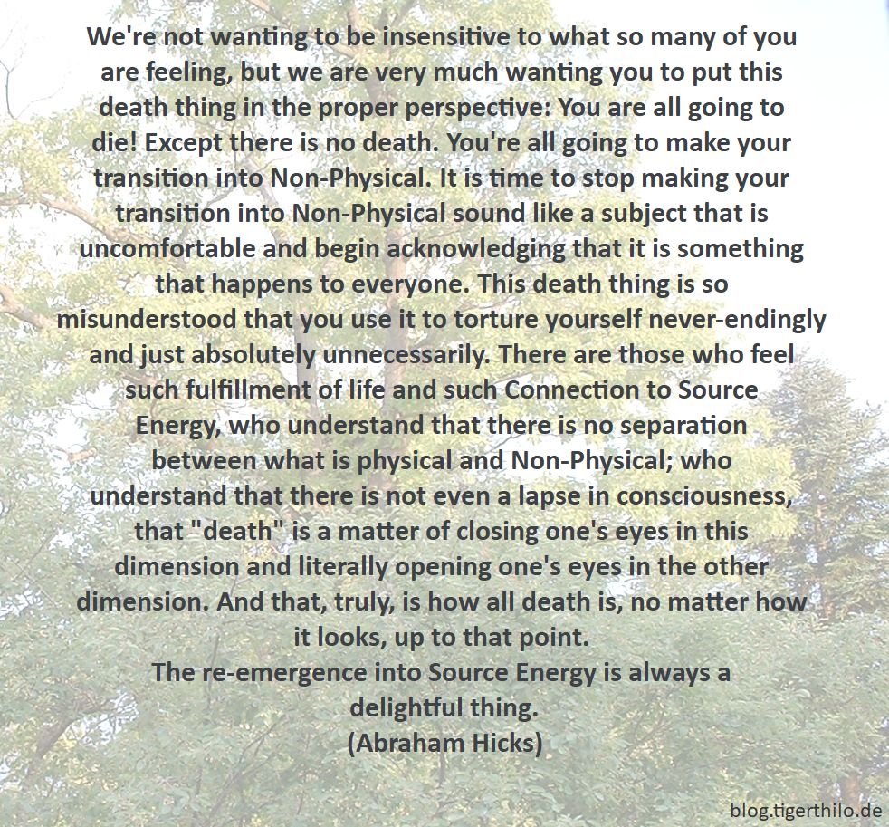 We're not wanting to be insensitive to what so many of you are feeling, but we are very much wanting you to put this death thing in the proper perspective: You are all going to die! Except there is no death. You're all going to make your transition into Non-Physical. It is time to stop making your transition into Non-Physical sound like a subject that is uncomfortable and begin acknowledging that it is something that happens to everyone. This death thing is so misunderstood that you use it to torture yourself never-endingly and just absolutely unnecessarily. There are those who feel such fulfillment of life and such Connection to Source Energy, who understand that there is no separation between what is physical and Non-Physical; who understand that there is not even a lapse in consciousness, that "death" is a matter of closing one's eyes in this dimension and literally opening one's eyes in the other dimension. And that, truly, is how all death is, no matter how it looks, up to that point. The re-emergence into Source Energy is always a delightful thing. (Abraham Hicks)